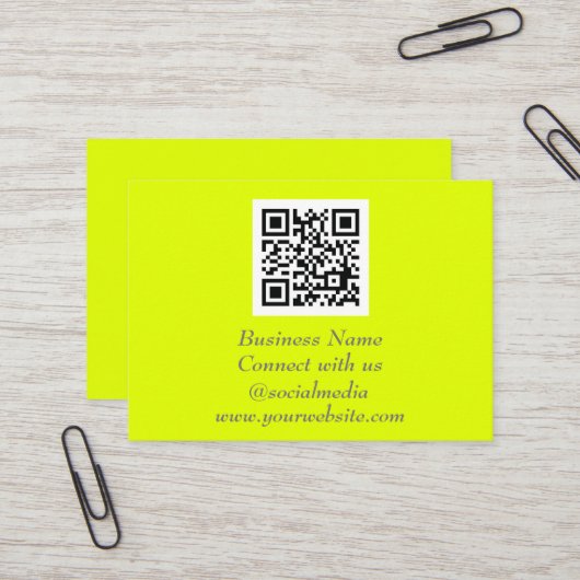 Carte De Visite Médias sociaux QR Code scanner Fluorescent Jaune (Devant/Arrière en situation)