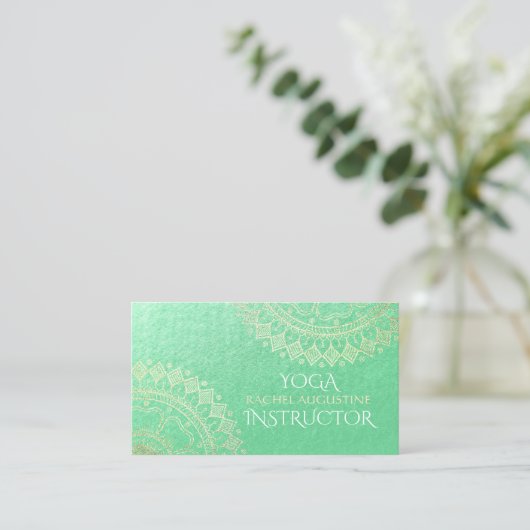 Carte De Visite Méditation Yoga Instructeur Green Gold Foil Mandal (Debout devant)