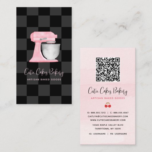 Carte De Visite Mélangeur de cuisine Rose Pâle à Damier Noir Code (Devant / Derrière)