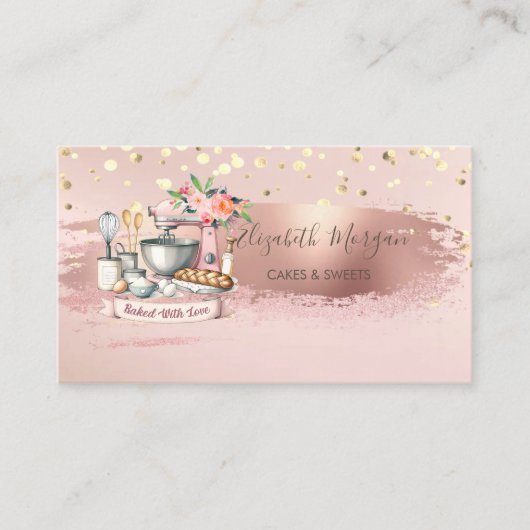 Carte De Visite Mélangeur de gâteau Fleur, Confettis dorés, Coup d (Devant)