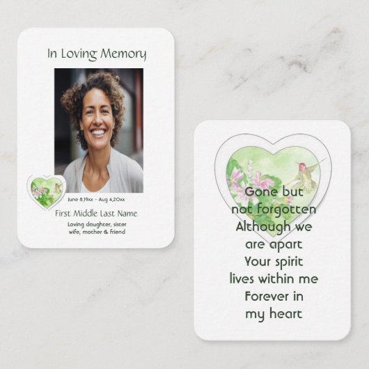 Carte De Visite Mémorial, Célébration de la vie, Service Hummingbi (Devant / Derrière)