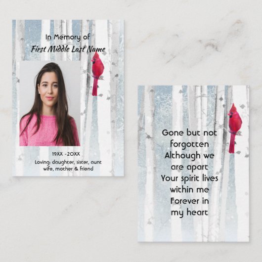 Carte De Visite Memorial Keepsake Cardinal Bird (Devant / Derrière)