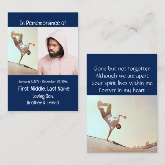 Carte De Visite Memorial Keepsaké Skateboard (Devant / Derrière)