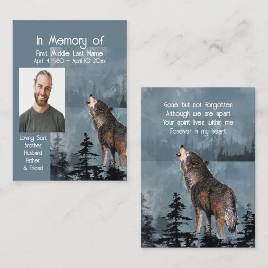 Carte De Visite Memorial Service Keepsaké Howling Wolf (Devant / Derrière)