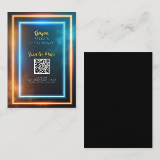 Carte De Visite Menu Neon GlowMenu Restaurant QR Code Panneau de t (Devant / Derrière)