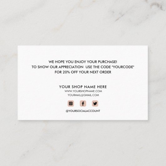 CARTE DE VISITE MERCI CLIENT BLUSH PINK POUR VOTRE COMMANDE (Dos)