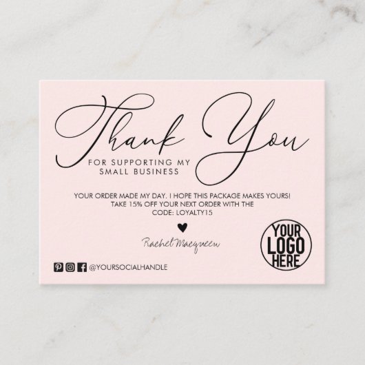 Carte De Visite Merci client de script noir rose minimal (Devant)