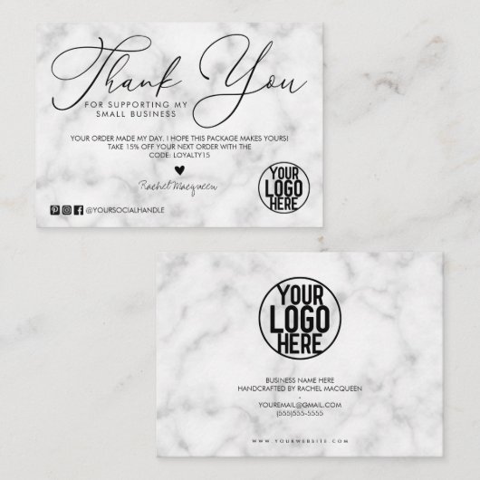 Carte De Visite Merci client du script en marbre noir blanc (Devant / Derrière)