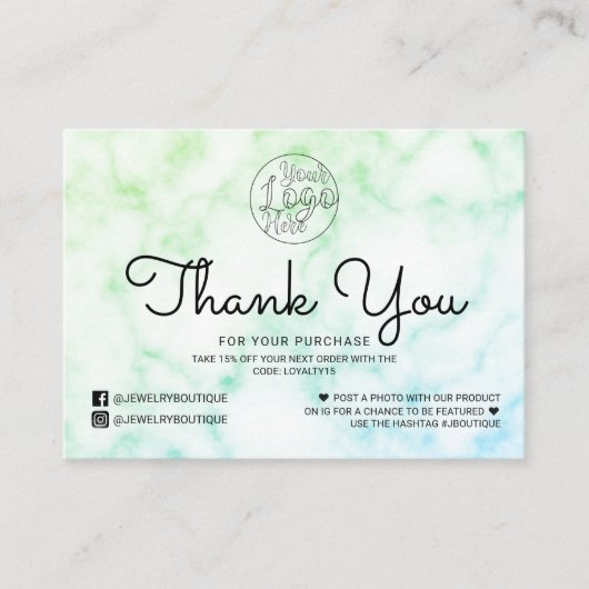 Carte De Visite Merci client en marbre vert bleu Cravate-teint (Devant)