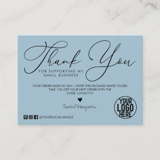 Carte De Visite Merci client minimum Dusty Blue Script noir (Devant)