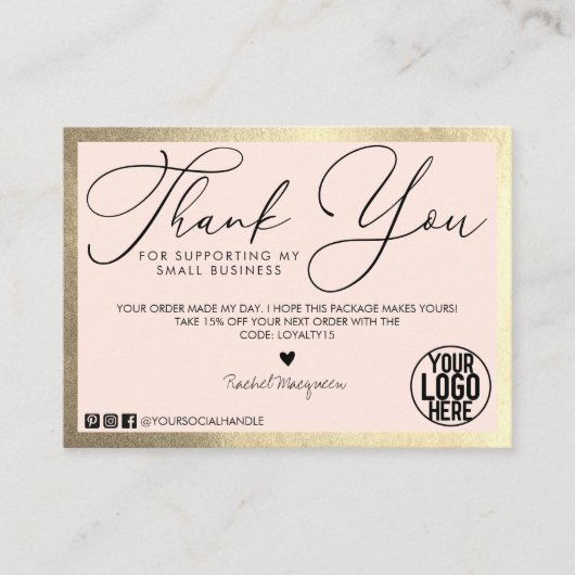 Carte De Visite Merci client minimum Gold Blush Pink Script (Devant)
