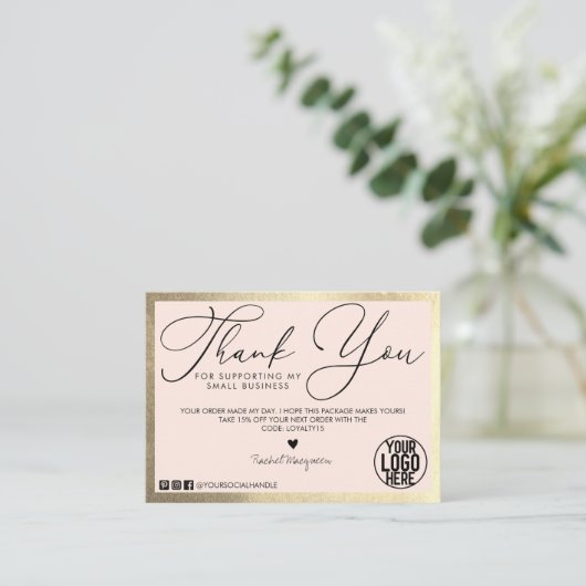 Carte De Visite Merci client minimum Gold Blush Pink Script (Debout devant)