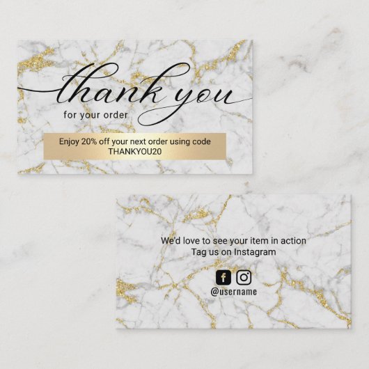 Carte De Visite Merci d'affaires moderne en marbre d'or (Devant / Derrière)