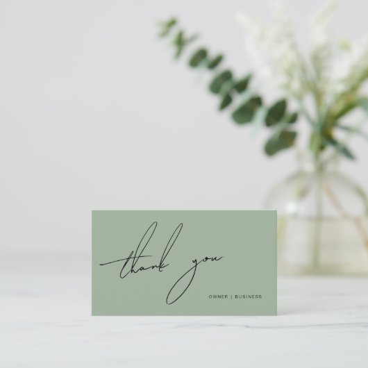 Carte De Visite Merci de script manuscrit vert Sage simple (Debout devant)