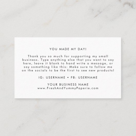 Carte de visite Merci de typographie chic (Dos)