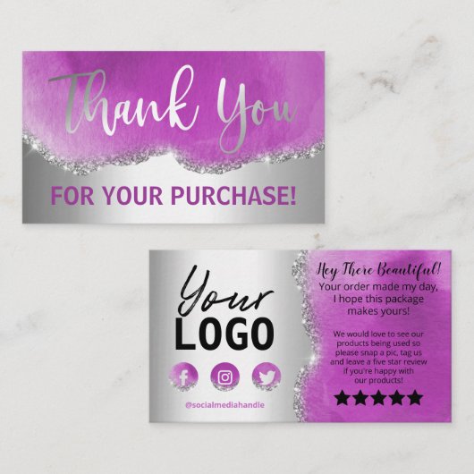 Carte De Visite Merci mauve argenté (Devant / Derrière)