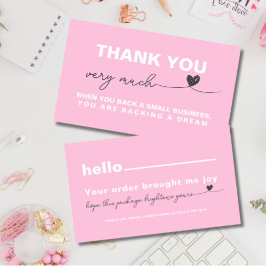 Carte De Visite Merci Notes d'appréciation du client Coeur rose