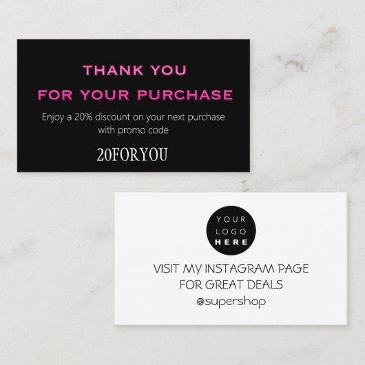 Carte De Visite Merci POUR L'ACHAT Code de remise Minimal (Devant / Derrière)
