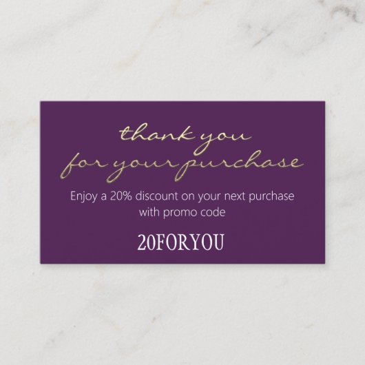 Carte De Visite Merci POUR L'ACHAT Code remise Violet Or (Devant)