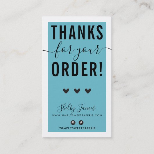 Carte De Visite MERCI POUR VOTRE COMMANDE insérer bleu turquoise (Devant)