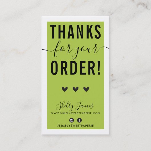 Carte De Visite MERCI POUR VOTRE COMMANDE insérer gras vert citron (Devant)