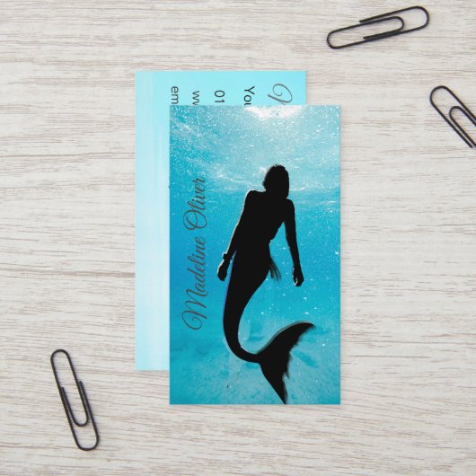 Carte De Visite Mermaid Silhouette Bleue Océan QR Code Professionn (Devant/Arrière en situation)