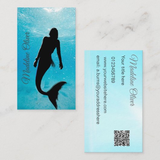 Carte De Visite Mermaid Silhouette Bleue Océan QR Code Professionn (Devant / Derrière)