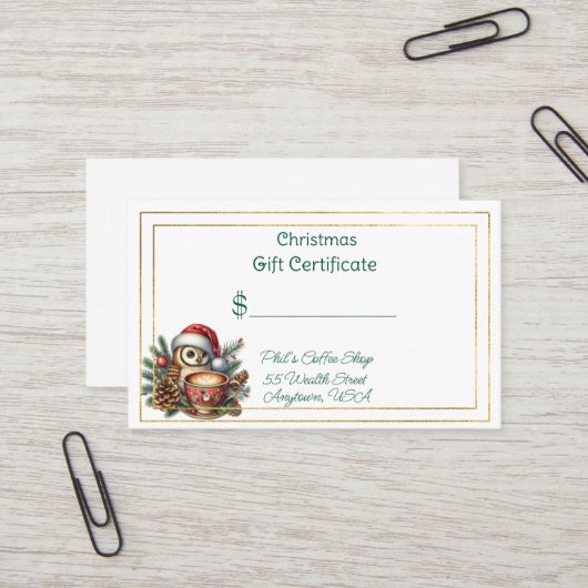 Carte De Visite Merry Christmas Coffee Shop Gift Certificate (Devant/Arrière en situation)