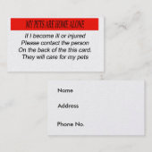 Carte De Visite Mes Animaux De Compagnie Sont Seuls À La Maison (Devant / Derrière)