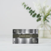 Carte De Visite Métal argenté et vert olive (Debout devant)