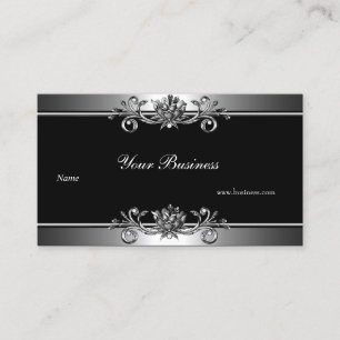 Carte De Visite Métal Aspect Argent Noir Élégant Bijou Floral