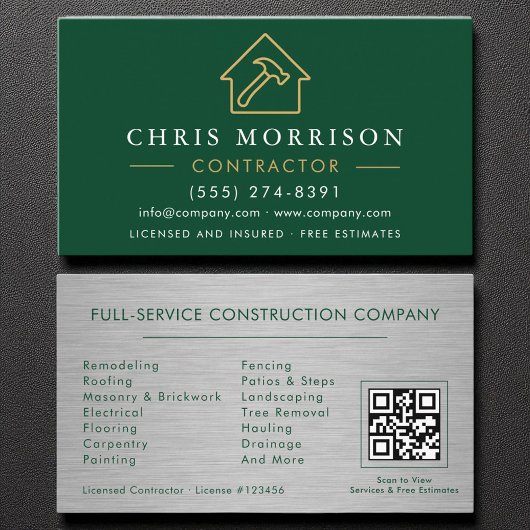Carte De Visite Metal Building Construction Green Gold QR Code