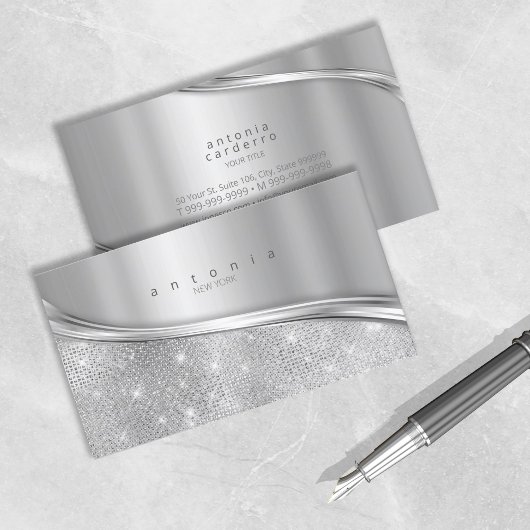 Carte De Visite Métal et Parties scintillant Wave Argent ID807