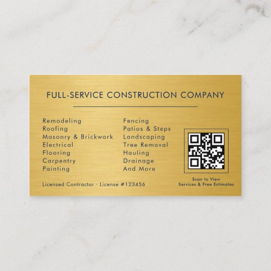 Carte De Visite Métal Or Bleu Marine Code QR Construction Bricoleu (Dos)