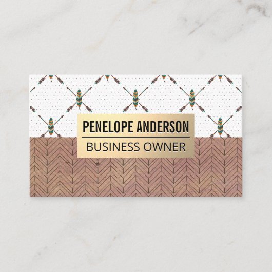 Carte De Visite Métal or | Motif Bohème en plumes (Devant)