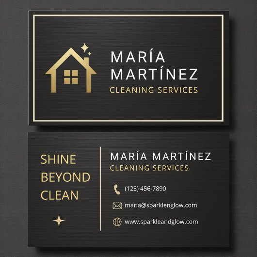 Carte De Visite Metallic Black and Gold House Cleaning Services