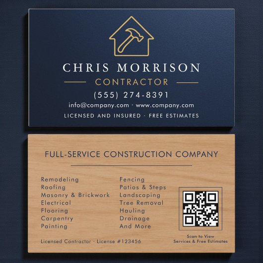 Carte De Visite Metallic Building Construction Navy Blue QR Code