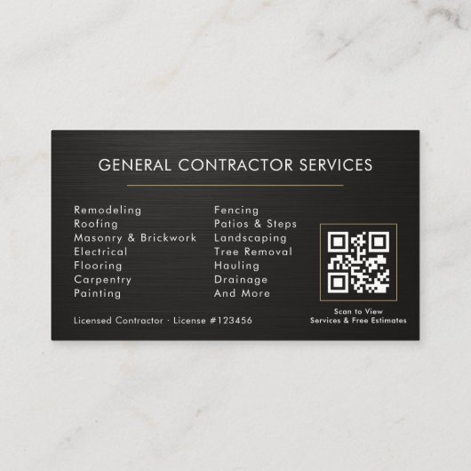 Carte De Visite Metallic General Construction Black Gold QR Code (Dos)