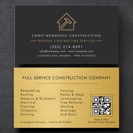 Carte De Visite Metallic Gold General Contractor QR Code
