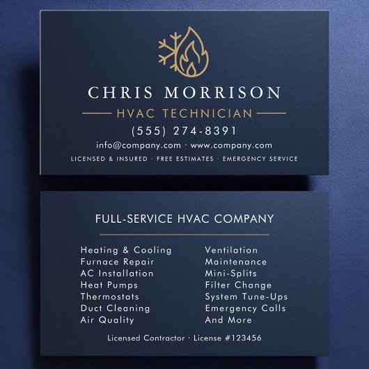 Carte De Visite Metallic HVAC Navy Blue Gold Modern