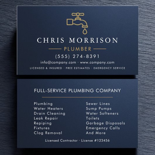 Carte De Visite Metallic Plumber Navy Blue Gold Minimalist