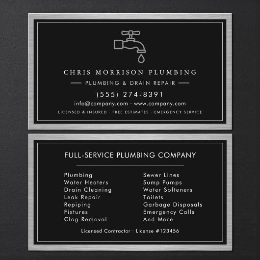 Carte De Visite Metallic Plumbing Services Plumber Black Silver 