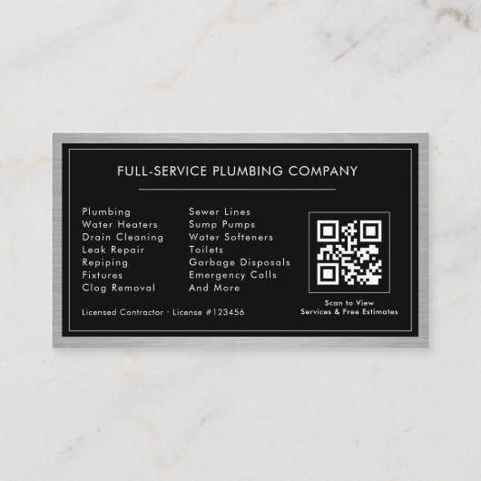 Carte De Visite Metallic QR Code Plumbing Services Black Silver  (Dos)
