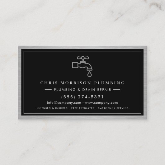 Carte De Visite Metallic QR Code Plumbing Services Black Silver  (Devant)
