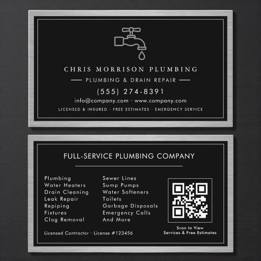 Carte De Visite Metallic QR Code Plumbing Services Black Silver 