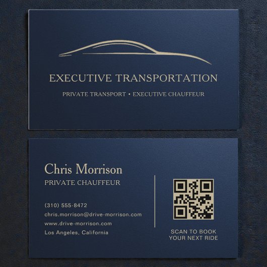 Carte De Visite Metallic Transport Car QR Code Navy Blue & Gold