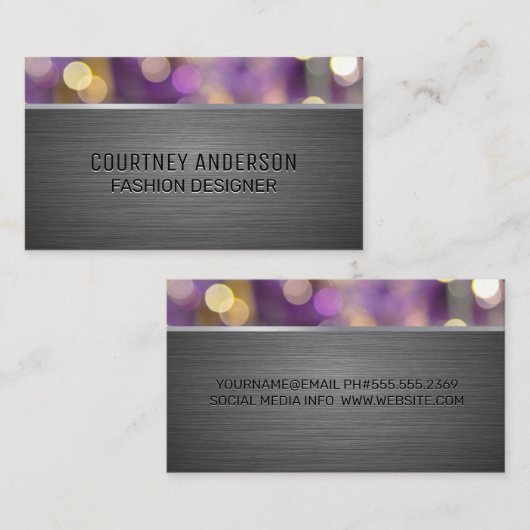 Carte De Visite Métallique brossé | Lumières de Bokeh violet (Devant / Derrière)