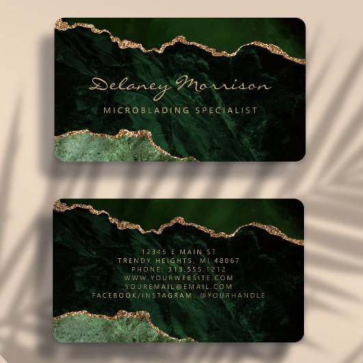 Carte De Visite Microblading Agate Vert Or Arrondi