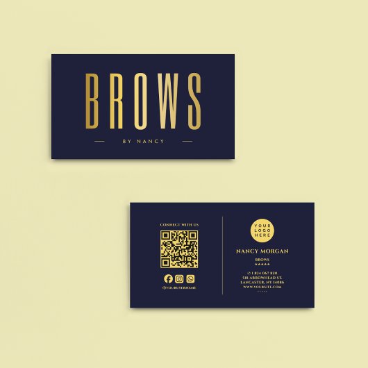 Carte De Visite Microblading Brows QR Code Logo Navy et Or 