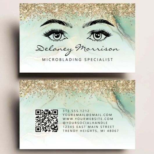 Carte De Visite Microblading Code QR Yeux de Marbre Or Vert